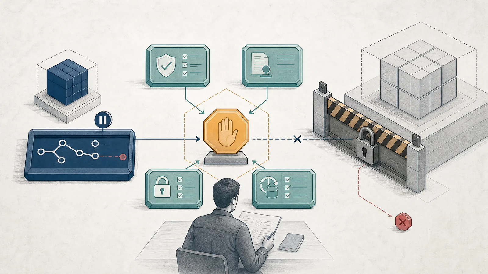 Illustration of a production code change held for protected tests, rollback evidence, and human approval before deployment