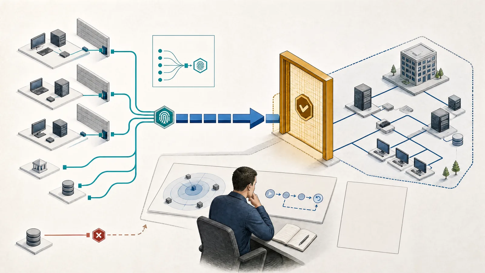 Illustration of a cybersecurity containment action held for provenance, blast-radius, reversibility, and human review