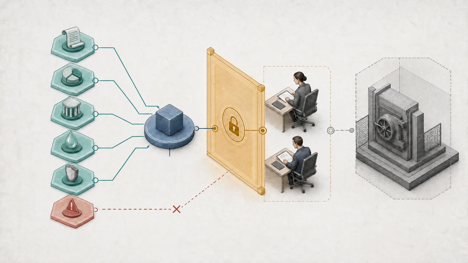 Illustration of a financial action held at a mandate, exposure, counterparty, liquidity, and fraud review boundary