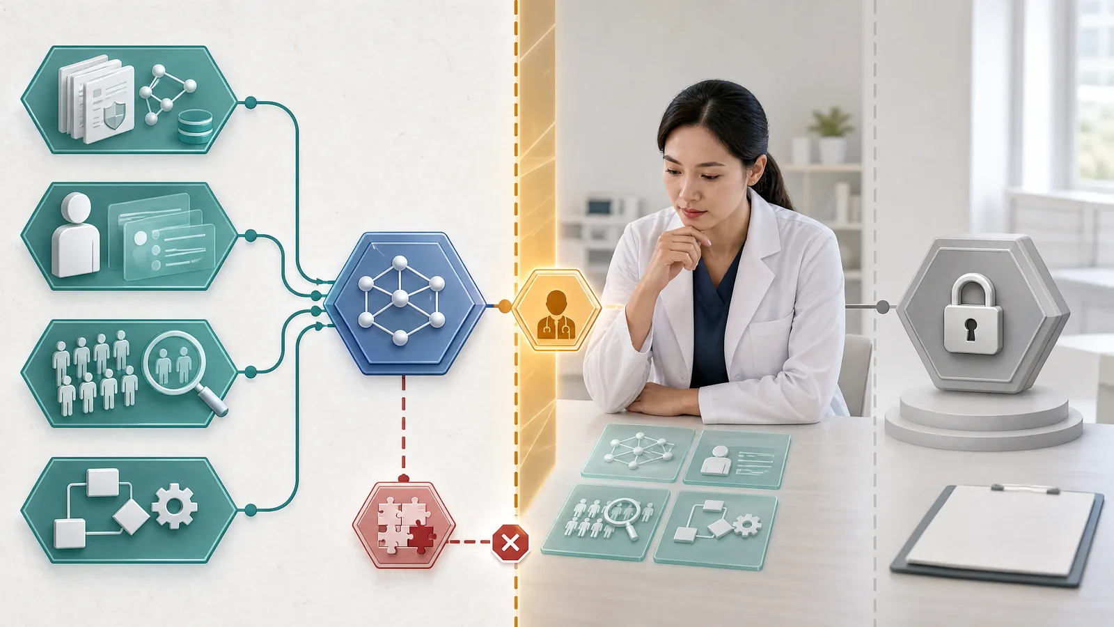 Illustration of an advisory healthcare workflow recommendation held for evidence review by an accountable professional